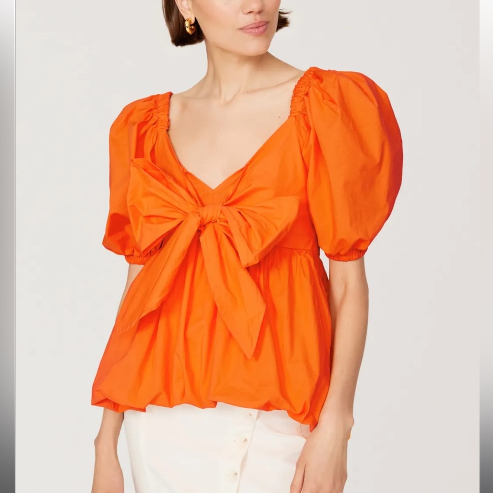 Women's Orange Puff-Sleeve Bow Front Top